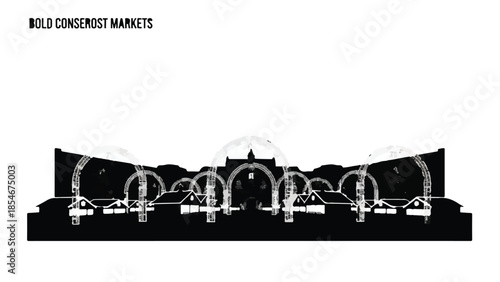 Architectural cross-section of a grand market hall with arched structures and domes