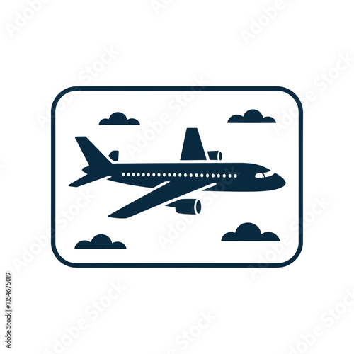 A silhouetted airplane flies through a cloudy sky within a rectangular frame.