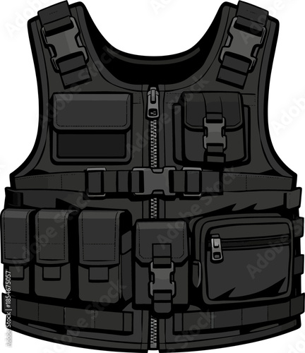 Black tactical vest with utility pockets vector illustration