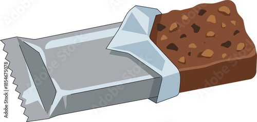 Chocolate energy bar in open silver wrapper vector illustration