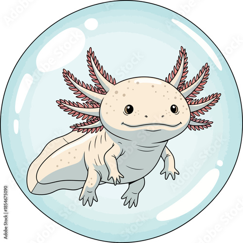 Cute axolotl floating inside water bubble vector illustration