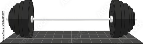 Heavy barbell for weightlifting on floor mat vector illustration