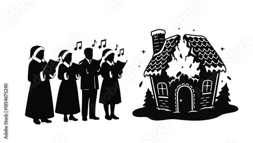 Carolers in festive attire sing joyfully outside a charming, snow-dusted gingerbread house adorned with festive trees.