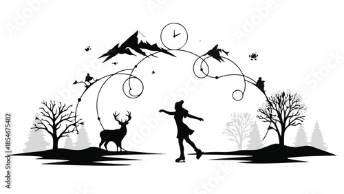 Graceful figure skater glides through a whimsical winter landscape with a majestic deer and celestial clock.