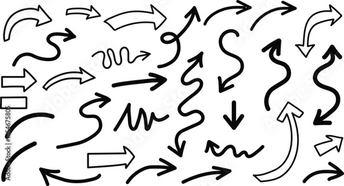 A collection of hand drawn arrows and pointers in various styles and directions