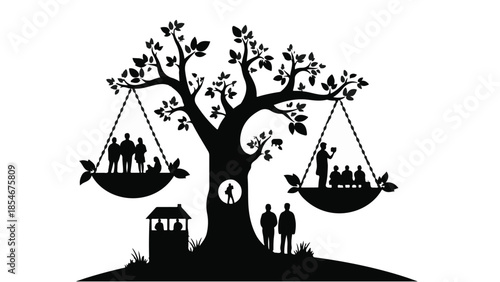 Symbolic tree with scales of justice balancing diverse groups, representing equality and societal fairness