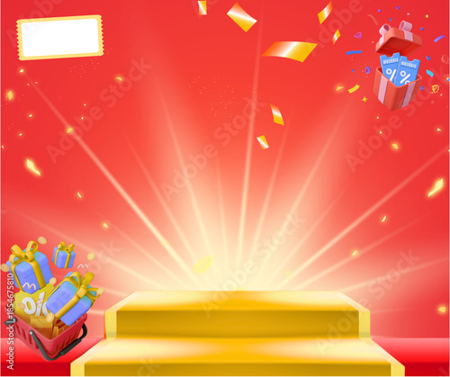 Posters and banners displaying products. Empty product display stands and promotional illustrations. Flash sale, big sale. Beautiful abstract floral arrangements.