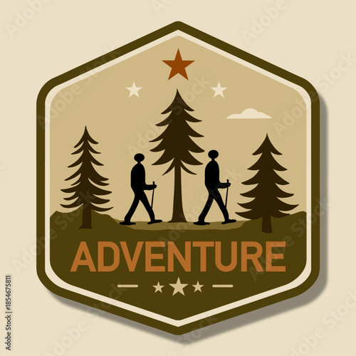 Vintage adventure badge illustration featuring hikers walking in forest with pine trees. Outdoor exploration and travel emblem design in retro flat style, suitable for camping, hiking, adventure
