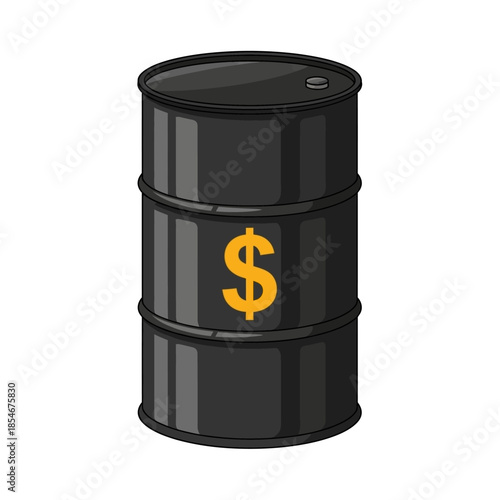 A black oil barrel with a golden dollar sign, symbolizing oil prices and the economy.