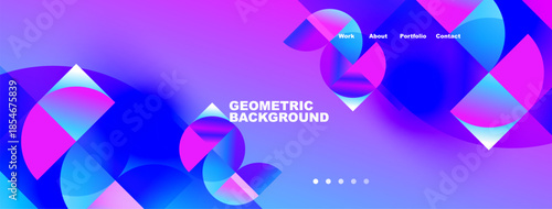 Vibrant geometric background features blue, pink gradients. Navigation includes work, about, portfolio, contact options. Modern design elements present.