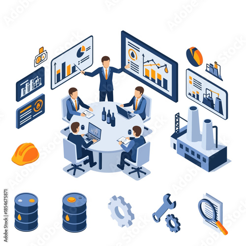 Isometric illustration of a business meeting discussing oil and gas industry data, analytics, and production with industrial elements.
