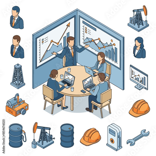 Isometric illustration of a business meeting discussing oil and gas industry data, surrounded by related icons like derricks, barrels, and professionals.