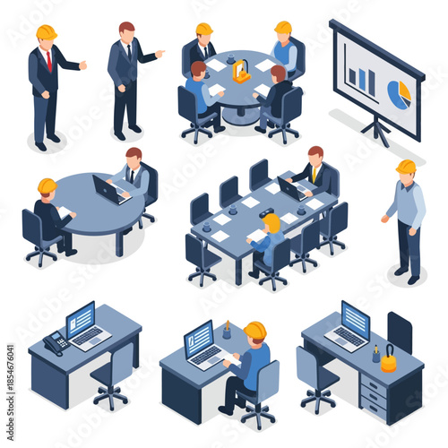 Isometric business people working in office, attending meetings, and giving presentations.