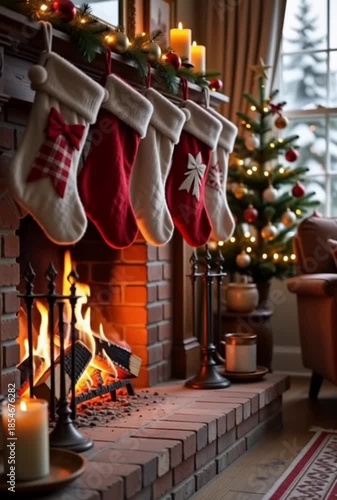Cozy Christmas Fireplace with Hanging Stockings and Decorated Tree