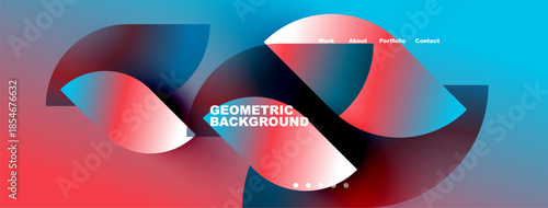 Abstract design features flowing shapes, vibrant colors. Text reads Geometric Background, navigation options present. Modern, dynamic composition.