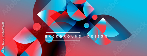 Abstract geometric shapes blend vibrant colors. Gradient background creates dynamic visual effect. Modern design elements present stylish composition.