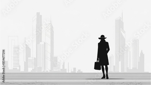 Woman standing alone in a modern cityscape with skyscrapers
