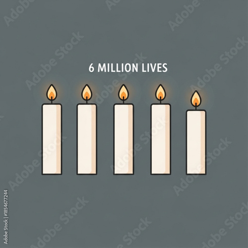 Five lit candles represent 6 million lives a solemn memorial concept for remembrance and loss isolated on a dark background
