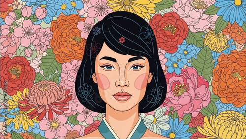 A young woman surrounded by vibrant flowers in a lush garden scene