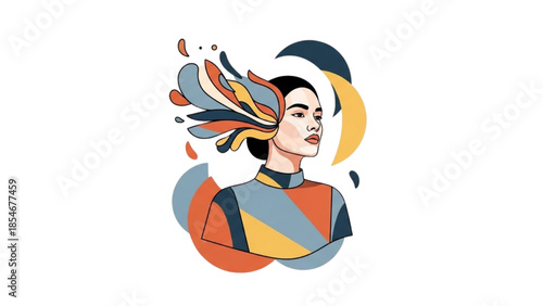 A woman's face is surrounded by vibrant, swirling patterns and colors in an abstract illustration