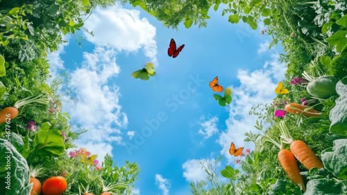 Colorful butterflies dance gracefully among vibrant flowers and fresh vegetables. Experience the beauty of nature in this serene moment. Generative AI