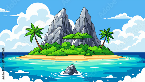 Tropical Island with Rocky Formations and Palm Trees Vector Illustration