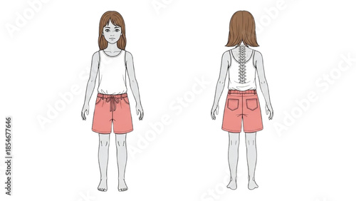 Illustration of a woman wearing red shorts and a white tank top from front and back views