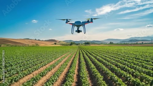 Aerial view of drone flying over expansive green farmland with crops growing. Experience modern agriculture at its best. Explore the future of farming. Generative AI