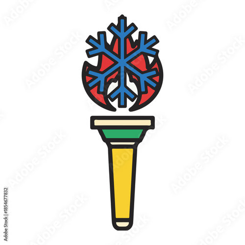 Colorful illustration of a torch with a snowflake on top, featuring red, blue, green, and yellow hues against a white background.
