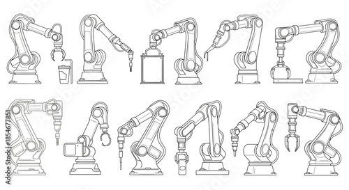 Various industrial robotic arms performing tasks