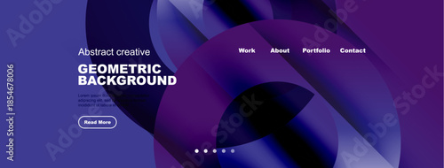 Modern website mockup. Abstract shapes, purple hues dominate design. Navigation menu present, text overlay visible. Clean, professional aesthetic.