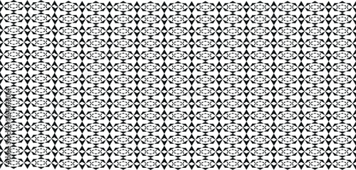 Intricate black and white pattern with repeating shapes and lines forming a complex design on a square canvas