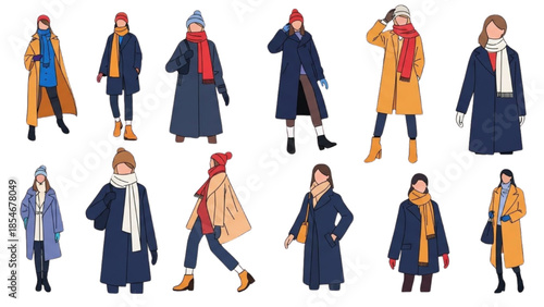 Illustrations of diverse people wearing winter clothing and accessories in various poses