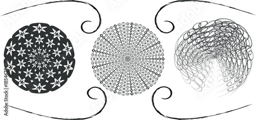 Three oval shaped fingerprints with unique patterns and decorative elements