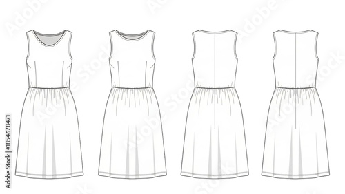 Fashion design sketches of sleeveless dresses with gathered skirts in various styles on white background