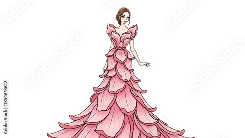 Elegant woman wearing a stylish pink dress standing alone