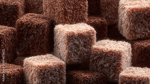 Chocolate and coconut-covered lamington cake cubes tightly packed