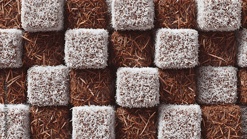 Chocolate and coconut-covered lamington cake cubes tightly packed