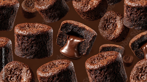 Chocolate lava cake pieces with oozing filling, tightly packed