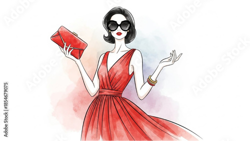 Elegant woman in red dress holding clutch, accessorized with sunglasses and bracelet, standing against soft pastel background