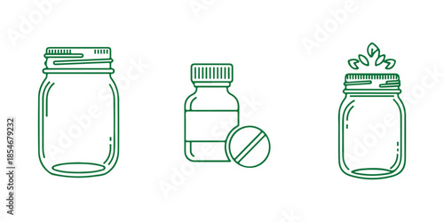Line art vector icon depicting a mason jar glass container.  Medicine bottle and pill icon.  Mason jar pot.