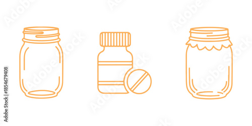 Vector icon of a mason jar glass container line art.  Icon of a medicine bottle and pill.  Mason jar pot.