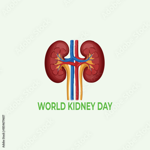 Anatomical kidneys with colored blood vessels and green "World Kidney Day" text on light background