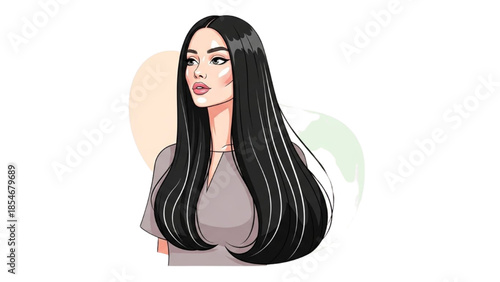 An illustration of a woman with long black hair smiling softly in a minimalist background.