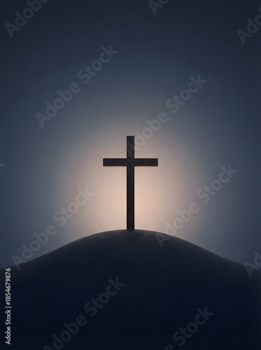 Silhouette of a Wooden Christian Cross on a Hill with Soft Glowing Light Background