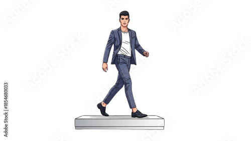 Man in blue suit walking on a platform illustration