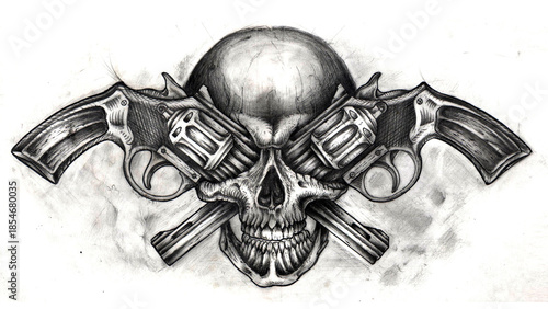 Schilderij op canvas Hand-drawn pencil sketch of a skull with crossed revolvers