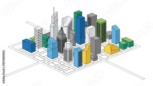 Aerial view of a 3D cityscape model with diverse architecture and infrastructure