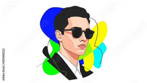 Illustrated portrait of a man wearing sunglasses with vibrant abstract shapes