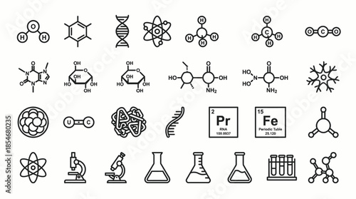Chemistry and Molecular Science Vector Icons with DNA, CO₂, Atoms, Flasks, and Microscopes for STEM Education, Lab UI, and Scientific Graphics